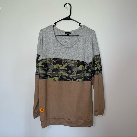 Simply Southern Tops - Simply Southern Gray and Hidden Turtle Camouflage Colorblock Sweatshirt XL
